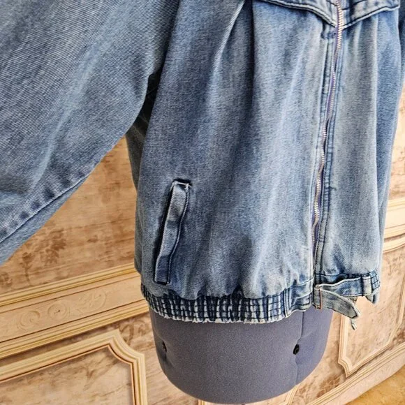 Vintage 1980s Denim Blue Bomber Jacket Distressed Yoke vtg 80s Puff Sleeve M L - Picture 7 of 14